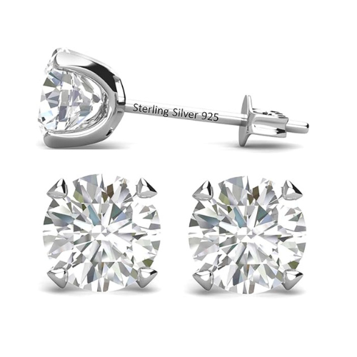 Close-up of a sparkling moissanite stud earring in sterling silver.