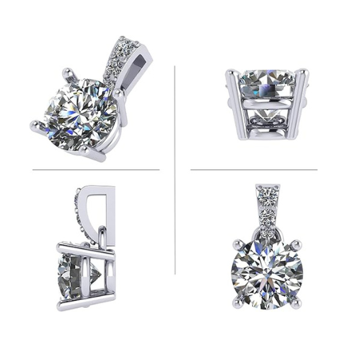 Side view of the moissanite solitaire pendant's delicate prong setting.