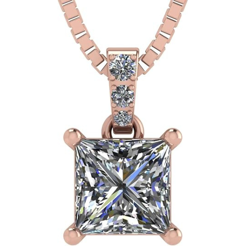 Close-up of 7.0mm princess cut solitaire necklace.