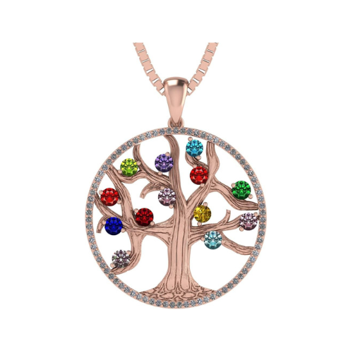 Mothers Tree of Life Birthstone Necklace w/ 1-13 Simulated Gemstones & CZ Bezel in Silver, 10K, 14K Gold