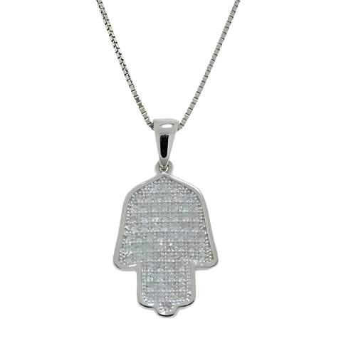 Simulated diamond halo hamsa pendant, sterling silver.