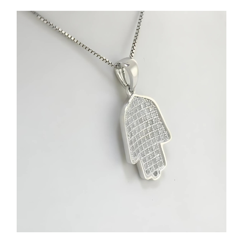 Sterling silver hamsa pendant with a box chain.