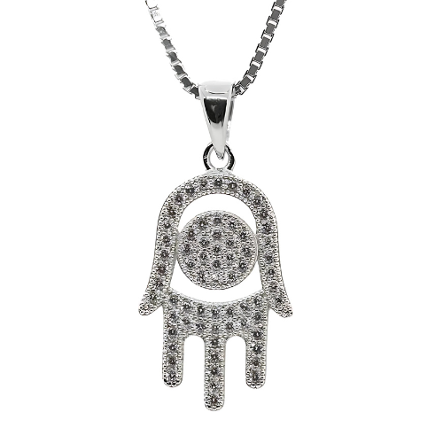 Hamsa pendant, sterling silver, on a box chain.