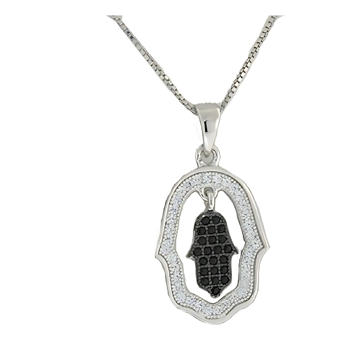 Sterling silver hamsa hand pendant with a diamond halo.
