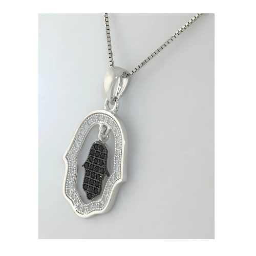Simulated diamond hamsa pendant and box chain.
