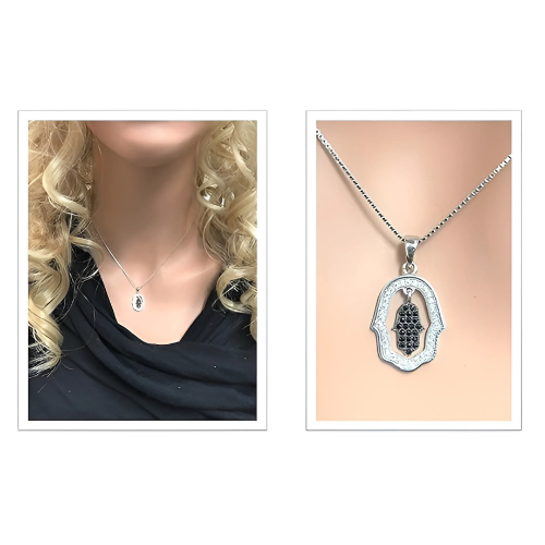 Hamsa necklace, sterling silver, with sparkling diamonds.