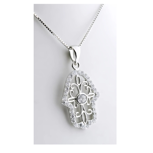 Halo hamsa pendant on a model.