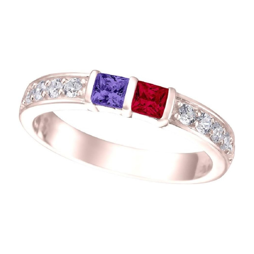 Central Diamond Center Princess w/ Side CZ Couples 2 Stone Ring w/ Simulated Birthstones in Silver 10K or 14K Gold