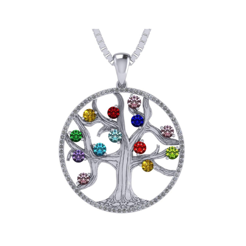 Mothers Tree of Life Birthstone Necklace w/ 1-13 Simulated Gemstones & CZ Bezel in Silver, 10K, 14K Gold