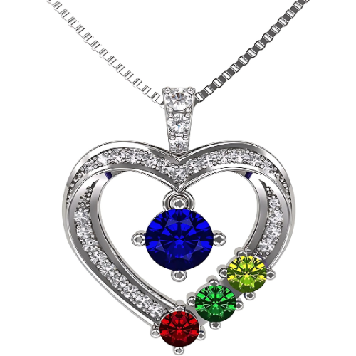 Mother & Child Heart Birthstone Necklace with 3 simulated gemstones.