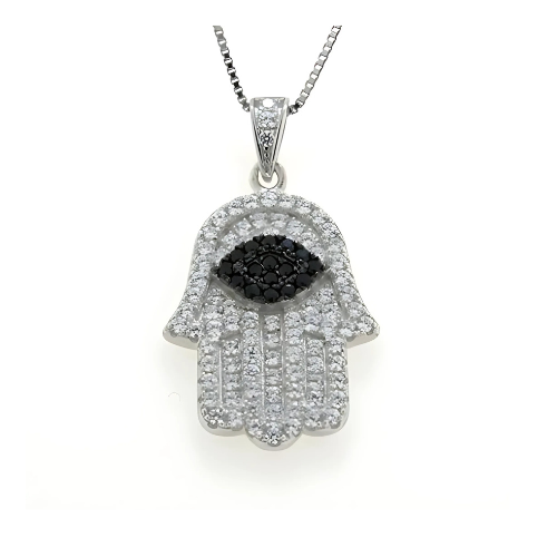Central Diamond Center Simulated Diamonds Halo Hamsa Pendant Sterling Silver and box chain