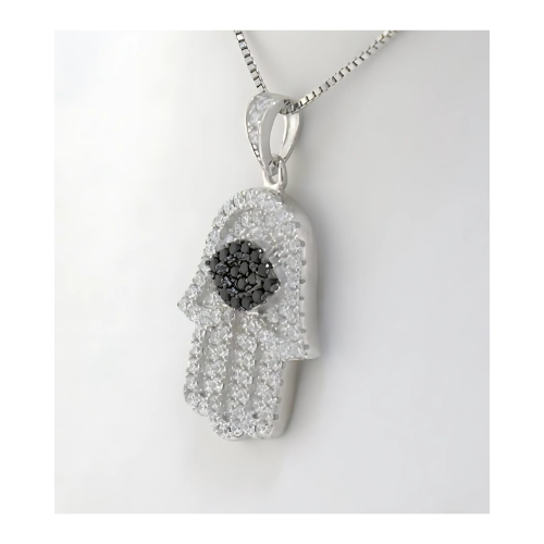 Central Diamond Center Simulated Diamonds Halo Hamsa Pendant Sterling Silver and box chain