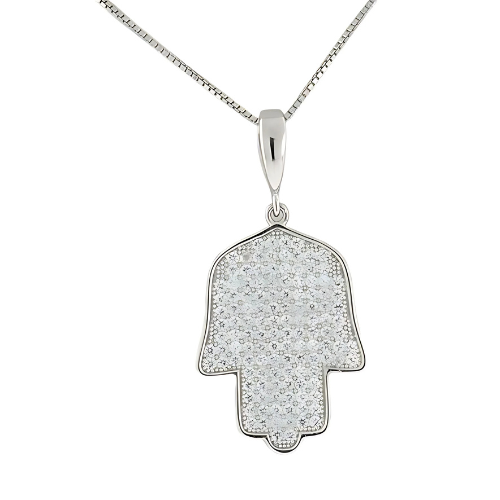 Central Diamond Center Simulated Diamonds Halo Hamsa Pendant Sterling Silver and box chain