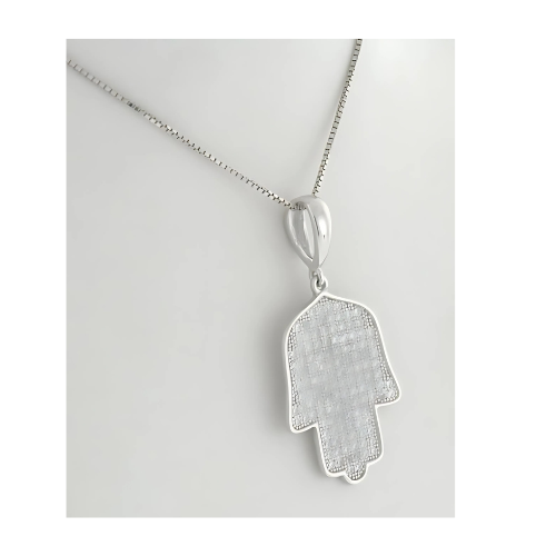 Central Diamond Center Simulated Diamonds Halo Hamsa Pendant Sterling Silver and box chain