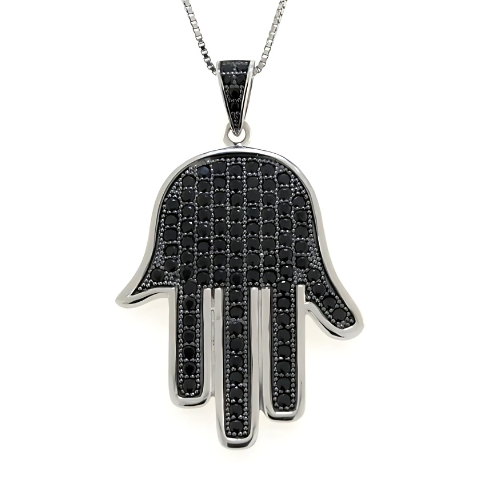 Central Diamond Center Simulated Diamonds Halo Hamsa Pendant Sterling Silver and box chain