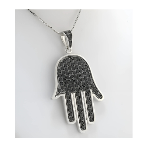 Central Diamond Center Simulated Diamonds Halo Hamsa Pendant Sterling Silver and box chain