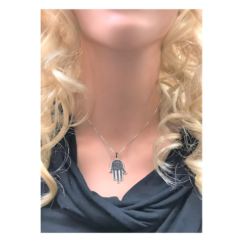Central Diamond Center Simulated Diamonds Halo Hamsa Pendant Sterling Silver and box chain