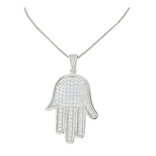 Central Diamond Center Simulated Diamonds Halo Hamsa Pendant Sterling Silver and box chain