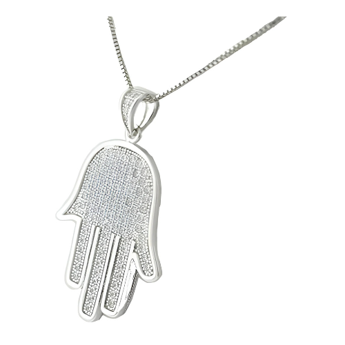 Central Diamond Center Simulated Diamonds Halo Hamsa Pendant Sterling Silver and box chain