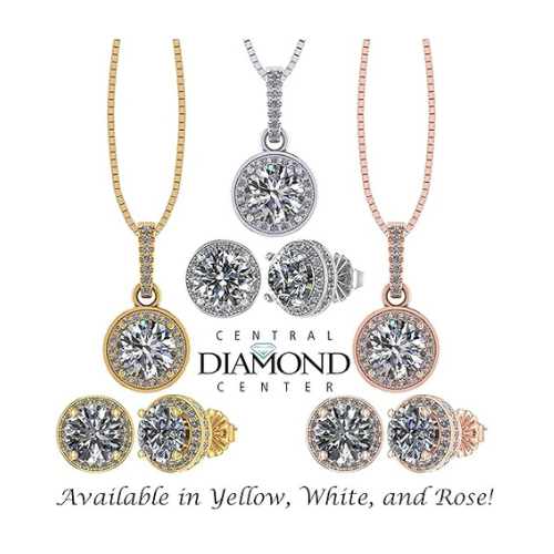 Central Diamond Center Round Halo Earring & Necklace Set w/ 6.5mm Simulated Birthstones in 925 Sterling Silver, Hypoallergenic