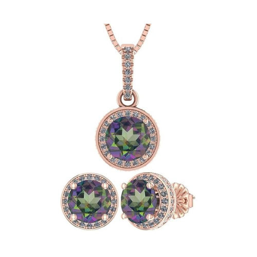 Central Diamond Center Round Halo Earring & Necklace Set w/ 6.5mm Simulated Birthstones in 925 Sterling Silver, Hypoallergenic