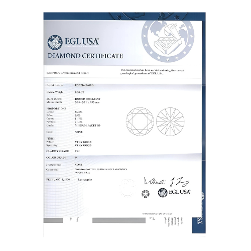 Close-up of a brilliant round cut CVD diamond.