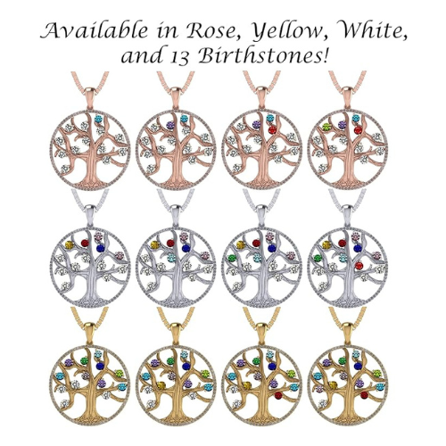 Mothers Tree of Life Birthstone Necklace w/ 1-13 Simulated Gemstones & CZ Bezel in Silver, 10K, 14K Gold