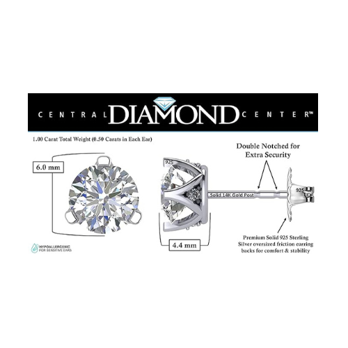 Lucita Simulated Diamond Stud Earrings with Solid 14K Gold Posts & Sterling Silver Basket, 3 & 4 Prongs