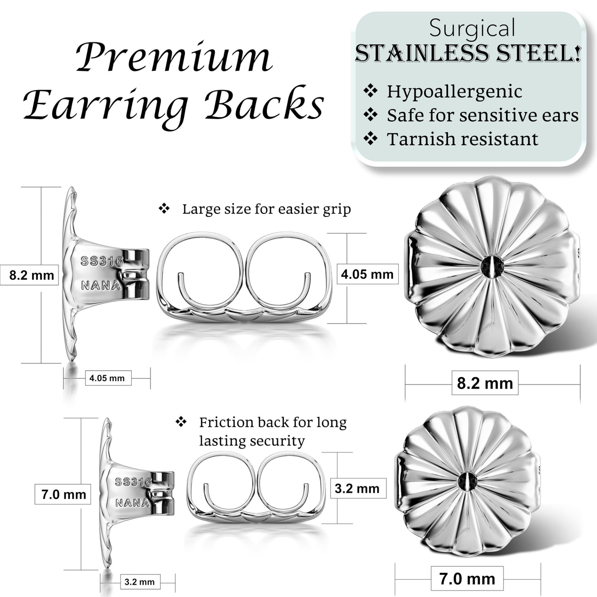 Central Diamond Center Oversized Earring Backs β4 Pairs 7mm & 8.2mm Universal Replacement Hypoallergenic