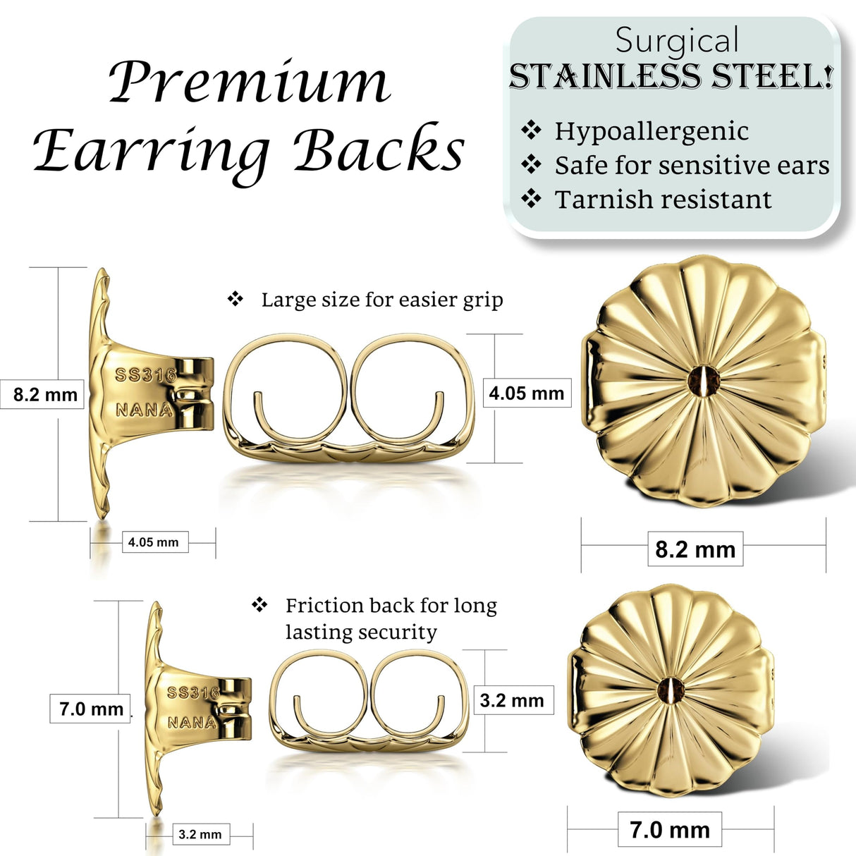 Central Diamond Center Oversized Earring Backs β4 Pairs 7mm & 8.2mm Universal Replacement Hypoallergenic
