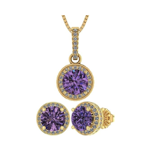 Central Diamond Center Round Halo Earring & Necklace Set w/ 6.5mm Simulated Birthstones in 925 Sterling Silver, Hypoallergenic