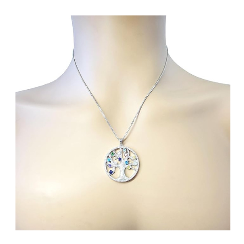 Mothers Tree of Life Birthstone Necklace w/ 1-13 Simulated Gemstones & CZ Bezel in Silver, 10K, 14K Gold