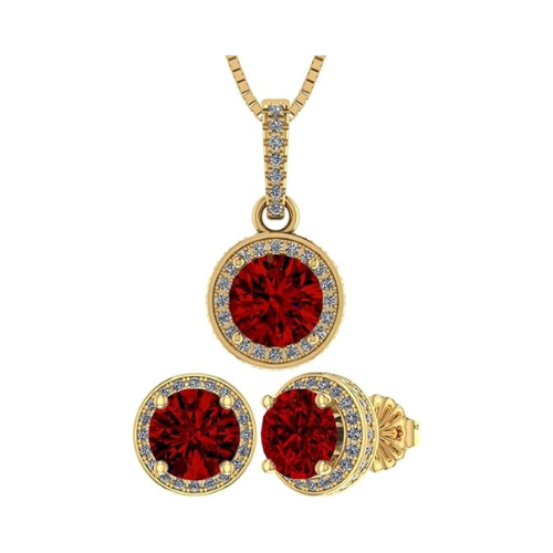 Central Diamond Center Round Halo Earring & Necklace Set w/ 6.5mm Simulated Birthstones in 925 Sterling Silver, Hypoallergenic