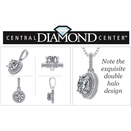 Model wearing a sterling silver double halo pendant.