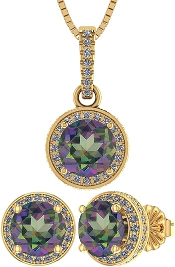 Central Diamond Center Round Halo Earring & Necklace Set w/ 6.5mm Simulated Birthstones in 925 Sterling Silver, Hypoallergenic