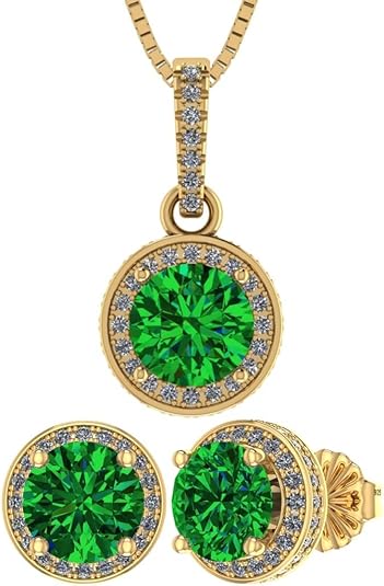 Central Diamond Center Round Halo Earring & Necklace Set w/ 6.5mm Simulated Birthstones in 925 Sterling Silver, Hypoallergenic