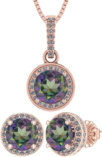 Central Diamond Center Round Halo Earring & Necklace Set w/ 6.5mm Simulated Birthstones in 925 Sterling Silver, Hypoallergenic
