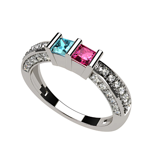 Princess Cut Birthstone Couples Ring with CZs on 3 sides.
