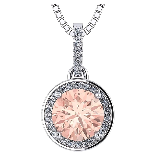 "Round simulated morganite halo necklace with zirconia.