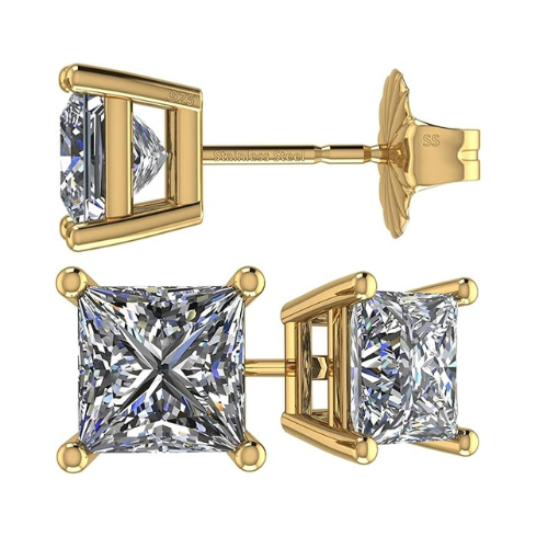 NANA Jewels Princess Cut Simulated Diamond Stud Earrings Silver & CZ 1.50ct - 4.00ct Hypoallergenic