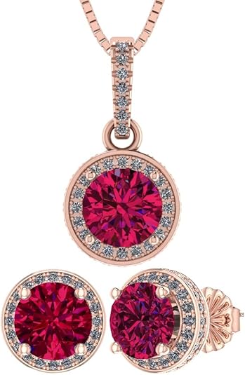 Central Diamond Center Round Halo Earring & Necklace Set w/ 6.5mm Simulated Birthstones in 925 Sterling Silver, Hypoallergenic