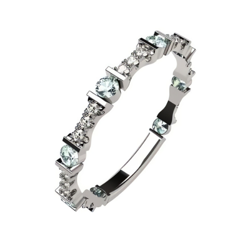 Close-up of gold plated stackable ring with round gems.