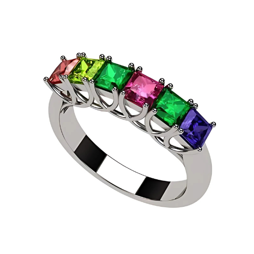 Central Diamond Center Princess Cut Lucita Mothers Rings w/ 1 to 7 Simulated Birthstones in Sterling Silver, 10K or 14K Gold