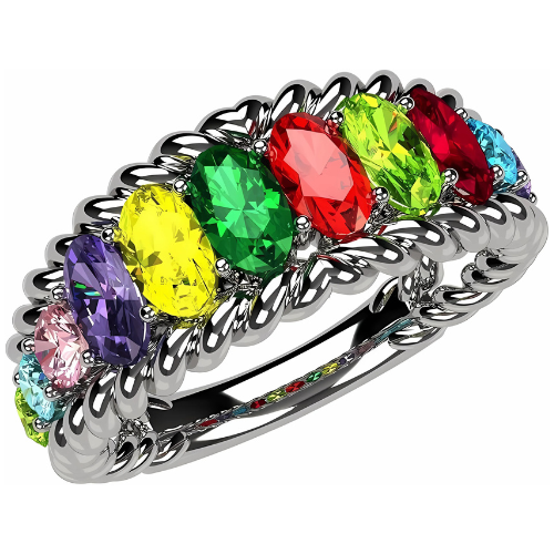 Oval Rope Mothers Ring, 4 simulated gemstones.