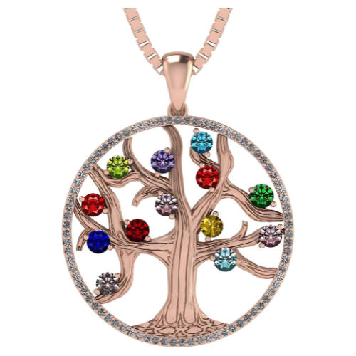 Mothers Tree of Life Birthstone Necklace w/ 1-13 Simulated Gemstones & CZ Bezel in Silver, 10K, 14K Gold