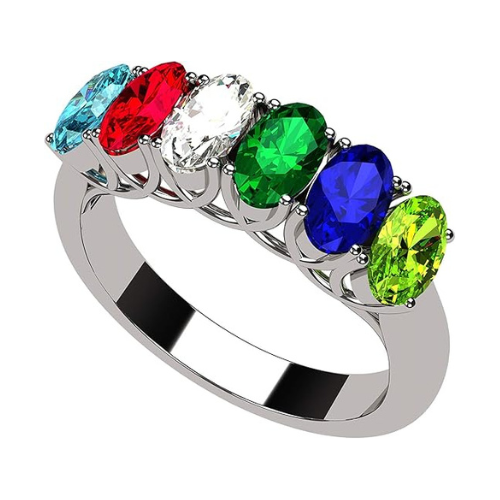 Central Diamond Center Oval Cut Lucita Mothers Rings w/ 1 to 7 Simulated Birthstones in Sterling Silver, 10K or 14K Gold