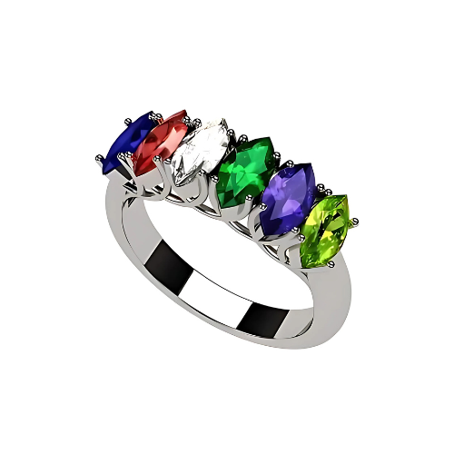 Central Diamond Center Marquise Cut Lucita Mothers Rings w/ 1 to 7 Simulated Birthstones in Sterling Silver, 10K or 14K Gold