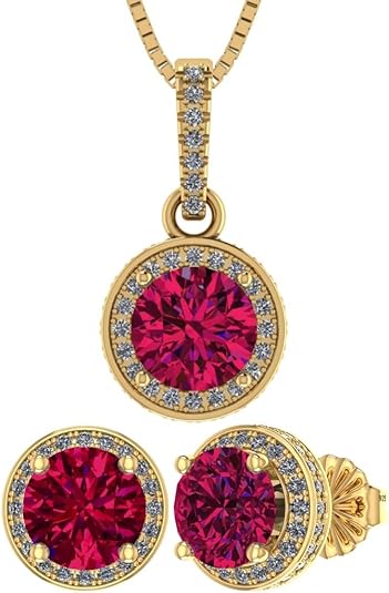 Central Diamond Center Round Halo Earring & Necklace Set w/ 6.5mm Simulated Birthstones in 925 Sterling Silver, Hypoallergenic