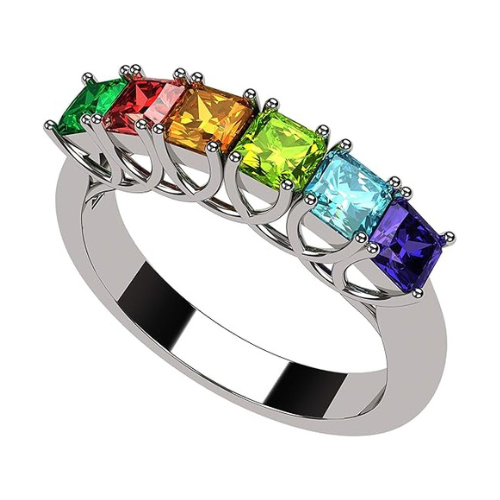 Central Diamond Center Asscher Cut Lucita Mothers Rings w/ 1 to 7 Simulated Birthstones in Sterling Silver, 10K or 14K Gold