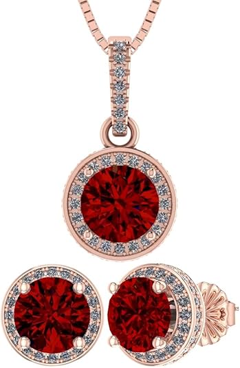 Central Diamond Center Round Halo Earring & Necklace Set w/ 6.5mm Simulated Birthstones in 925 Sterling Silver, Hypoallergenic